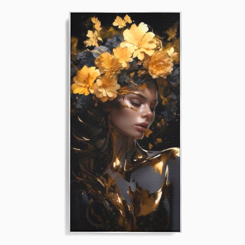 Tablou canvas cu tablou canvas cu portret de femeie aurita, in rama de aluminiu argintiu